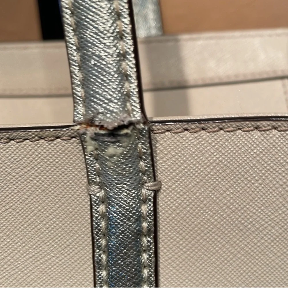 KATE SPADE Cream Saffiano & Metallic Silver Leather Tote w/Twilly & Dust Bag,EUC
